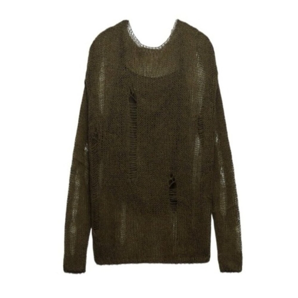 ZARA Distressed Knit Sweater Women’s Sze L Olive GreenLoose Open Weave Wool Boho - Picture 2 of 14